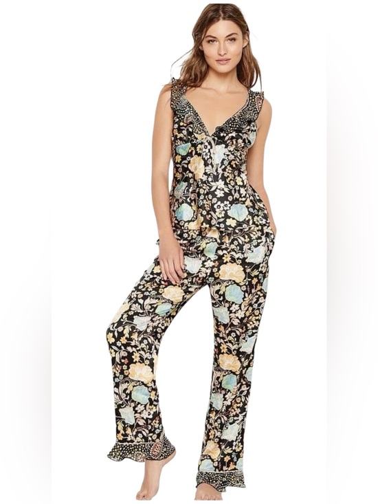 Victoria's Secret Other - Victoria's Secret Satin Black Floral  with Pastel Blooms Flounce Pajama Set